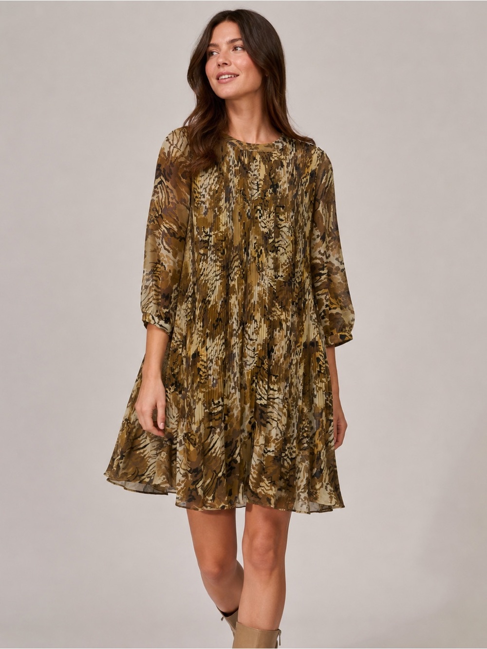 NY Collection Pleated Abstract Animal Print Swing Dress Medium Petite